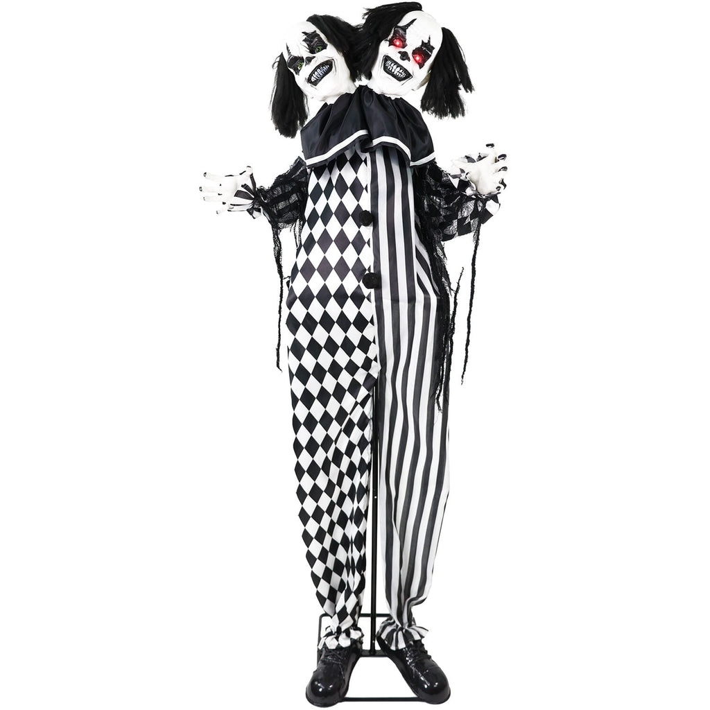 Witchwood™ Lifesize 5.5 ft Animatronic Two-Headed Clown with Lights and Sound, Indoor/Outdoor Halloween Decoration, HHCLOWN-37FLSA