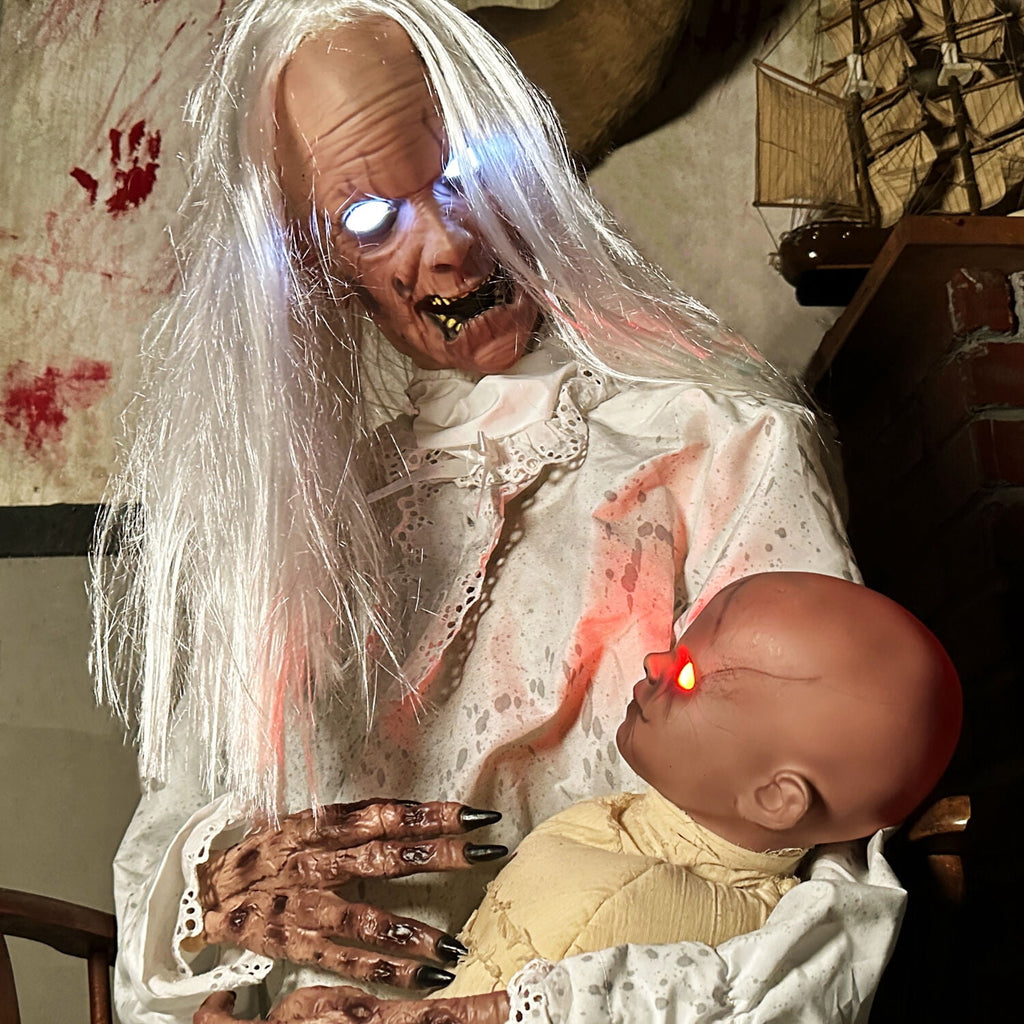 Witchwood™ 2.9 ft Animatronic Gravely Granny by Tekky Halloween Decoration with Motion-Activated Sounds, HHGRVLYGRNY-1FLSA