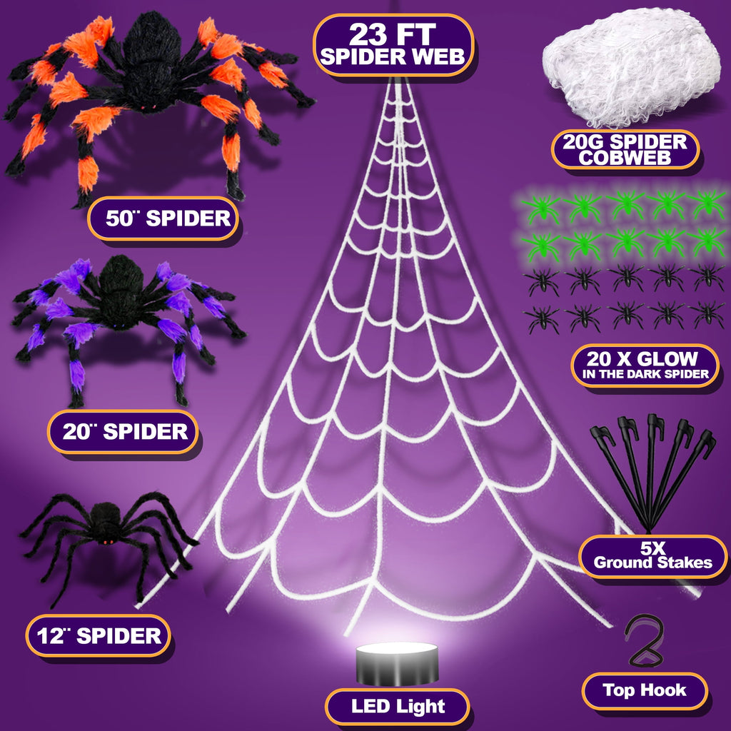 Witchwood™ JoyX Giant Halloween Spider Web Decoration Set, 23 ft Huge Web with 50" Large Spider, LED Light, and Glow in The Dark Spiders for Outdoor Yard Decor