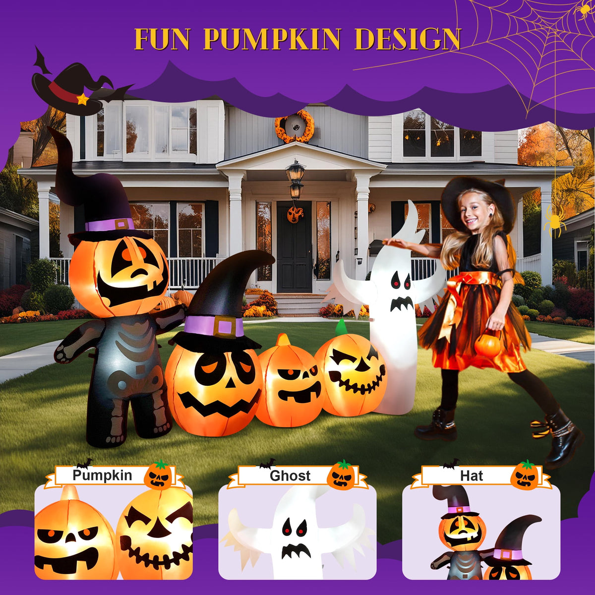 Witchwood™ Vrilay Halloween Inflatables, 7 FT Long 4 Pumpkins with Cute White Ghost Outdoor Decorations, Built-in LEDs, Blow Up Party, Waterproof Yard, Garden, Lawn Decor
