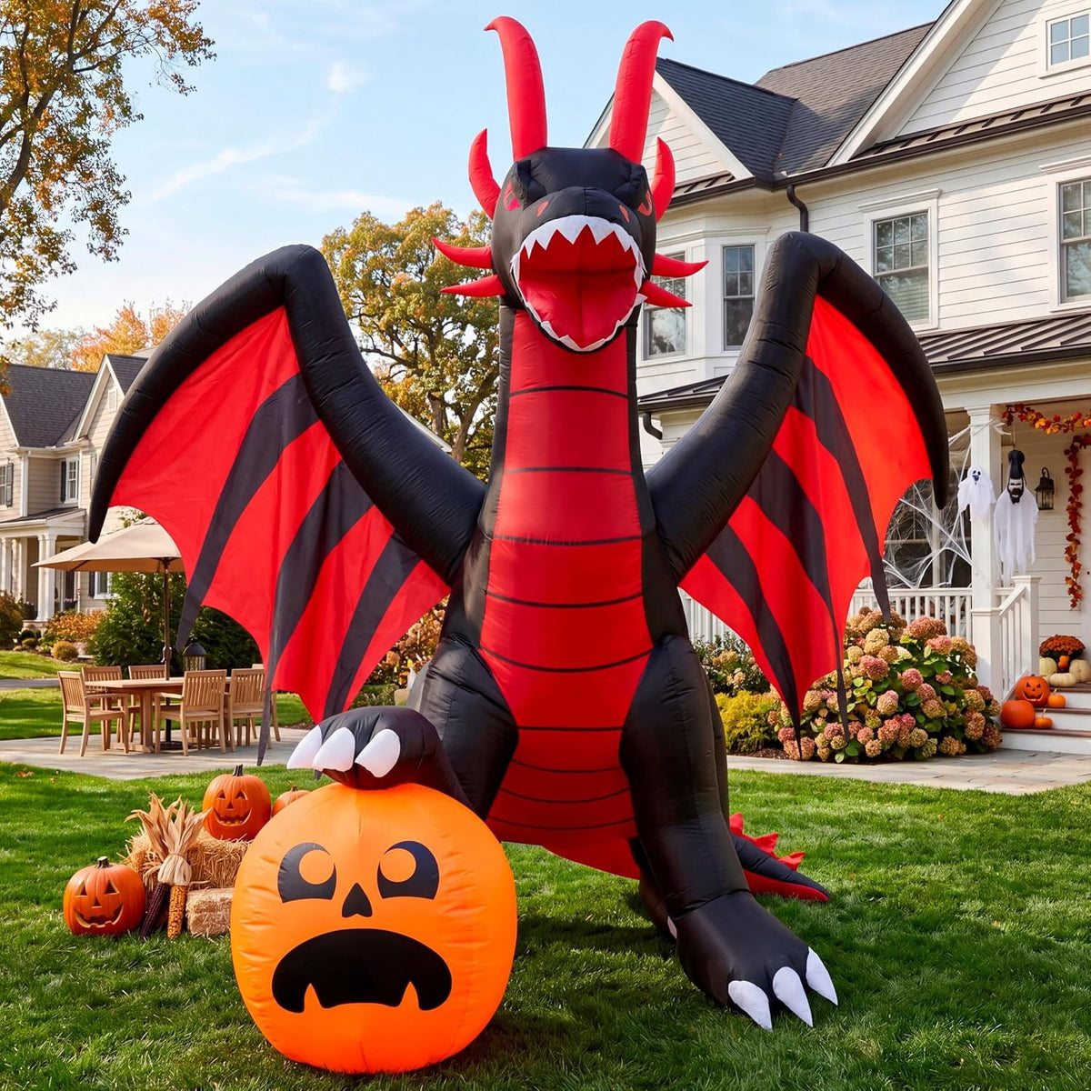 Witchwood™ 8 ft Halloween Inflatable Fire Dragon with Pumpkin,Animated Moving Mouth & Internal LED Lights,Blow Up Yard Decor Outdoor Lawn Garden Indoor Porch Patio Spooky Halloween Decoration