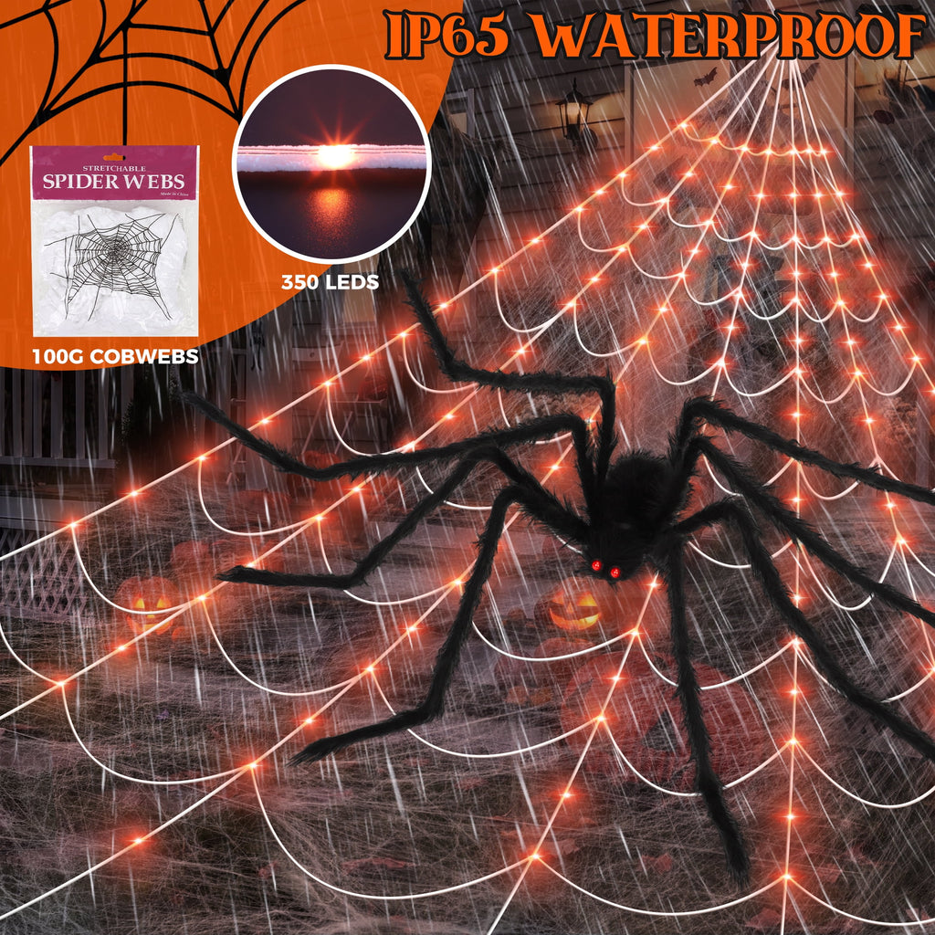 Witchwood™ Scidweet Halloween Decorations Outdoor, 350 LED Halloween Spider Web Lights with 79" Large Spider for Outside Garden Yard Home Decor, Orange