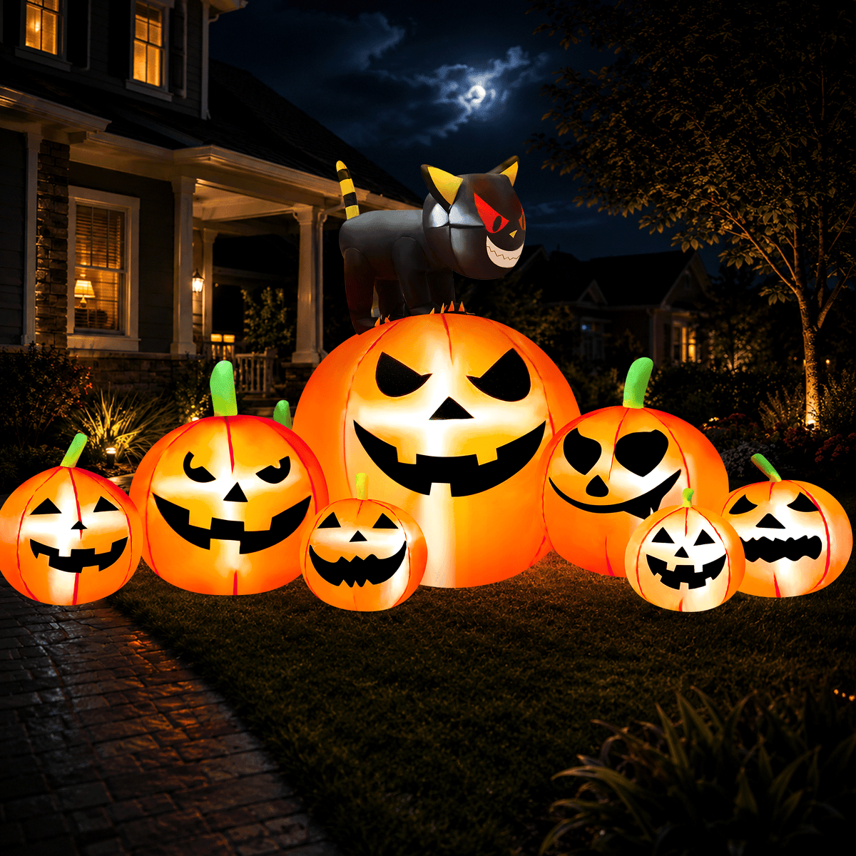 Witchwood™ 8.1FT Halloween Inflatable Pumpkin Stack, 7 Glitter Pumpkins with Black Cat and LED Lights, Outdoor Yard & Garden Decor