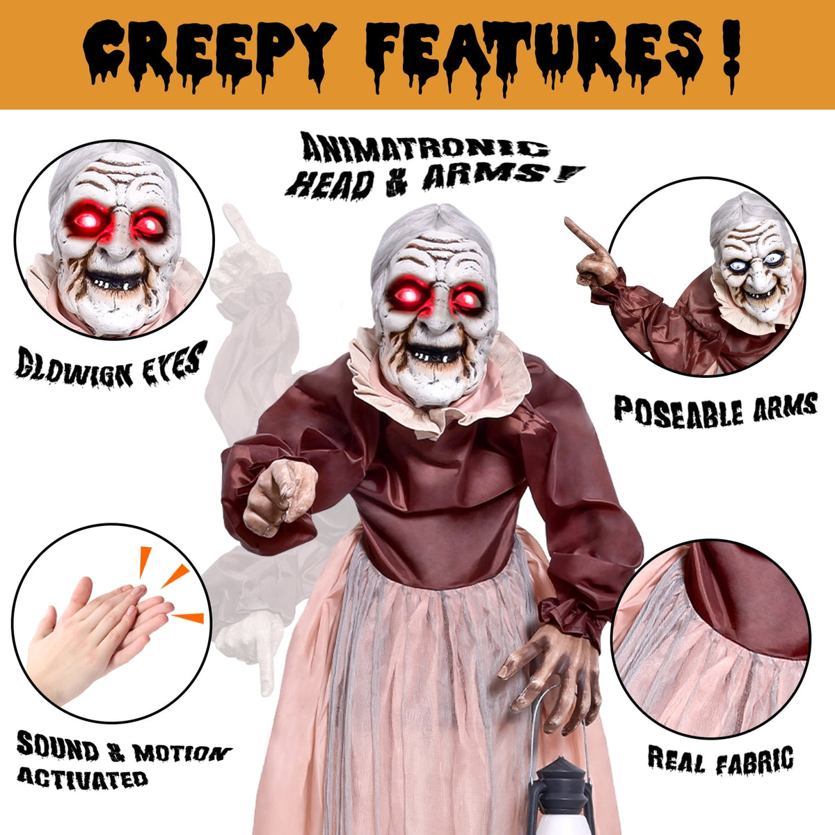 Witchwood™ 5FT Halloween Animatronics Life Size Witch Scary Prop, Motion Activated Outdoor Decoration for Haunted House Party Lawn Patio Yard Decor
