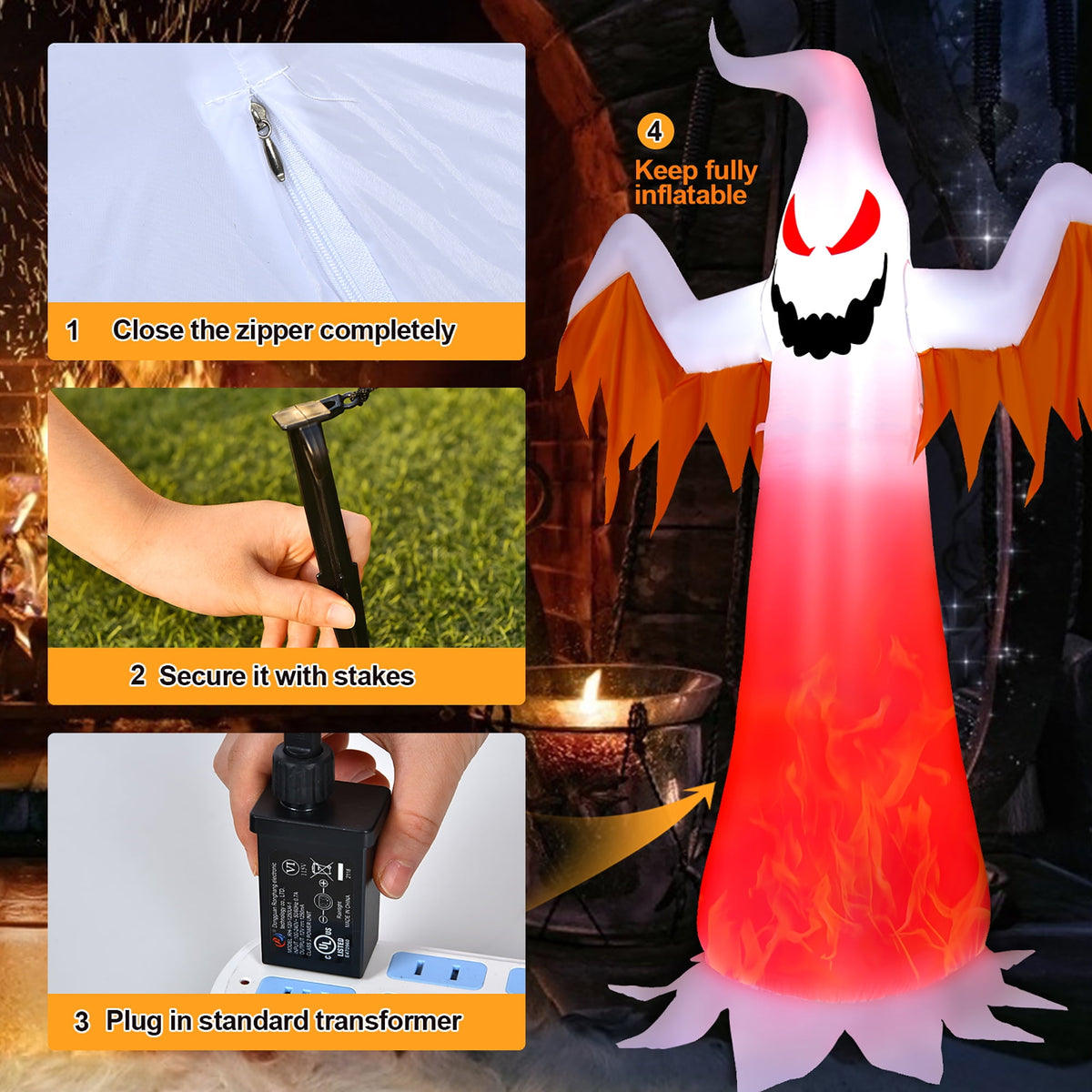 Witchwood™ Costway 8 FT Halloween Inflatable White Ghost with Rotatable Flame LED Lights