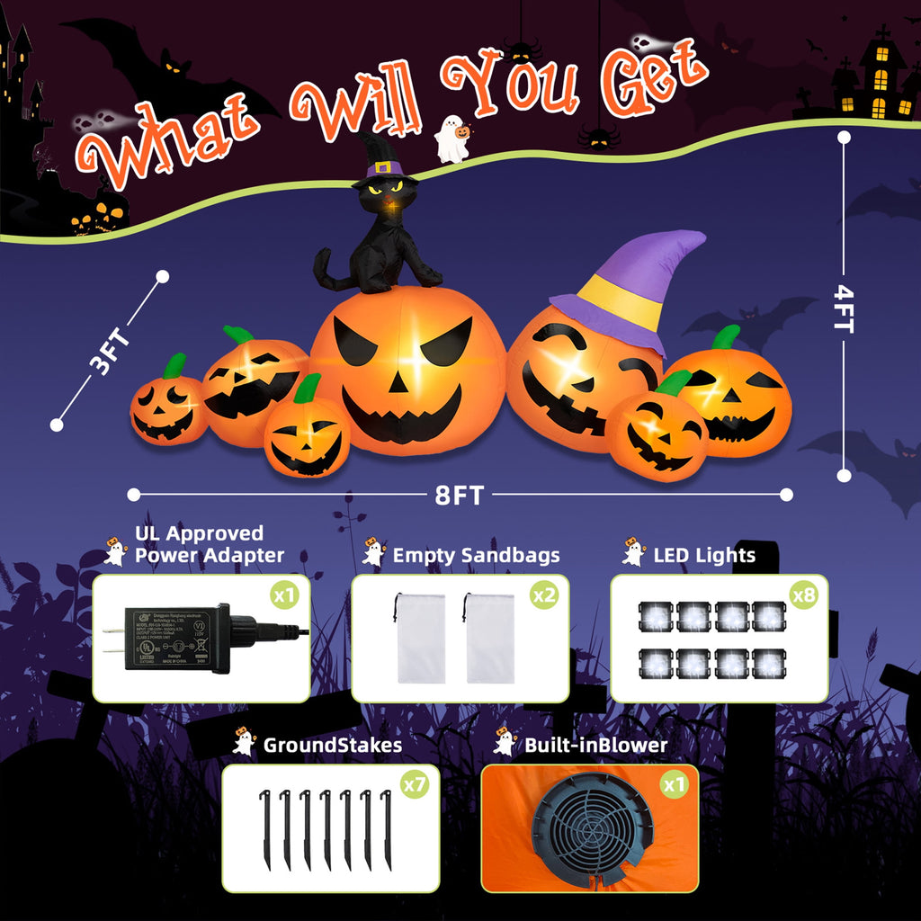 Witchwood™ B&D 8FT Long Halloween Inflatables Pumpkin, Blow Up Pumpkins Inflatables with Witch Hat & Black Cat Built-in LED Lights for Halloween Party Yard Garden Lawn Decor