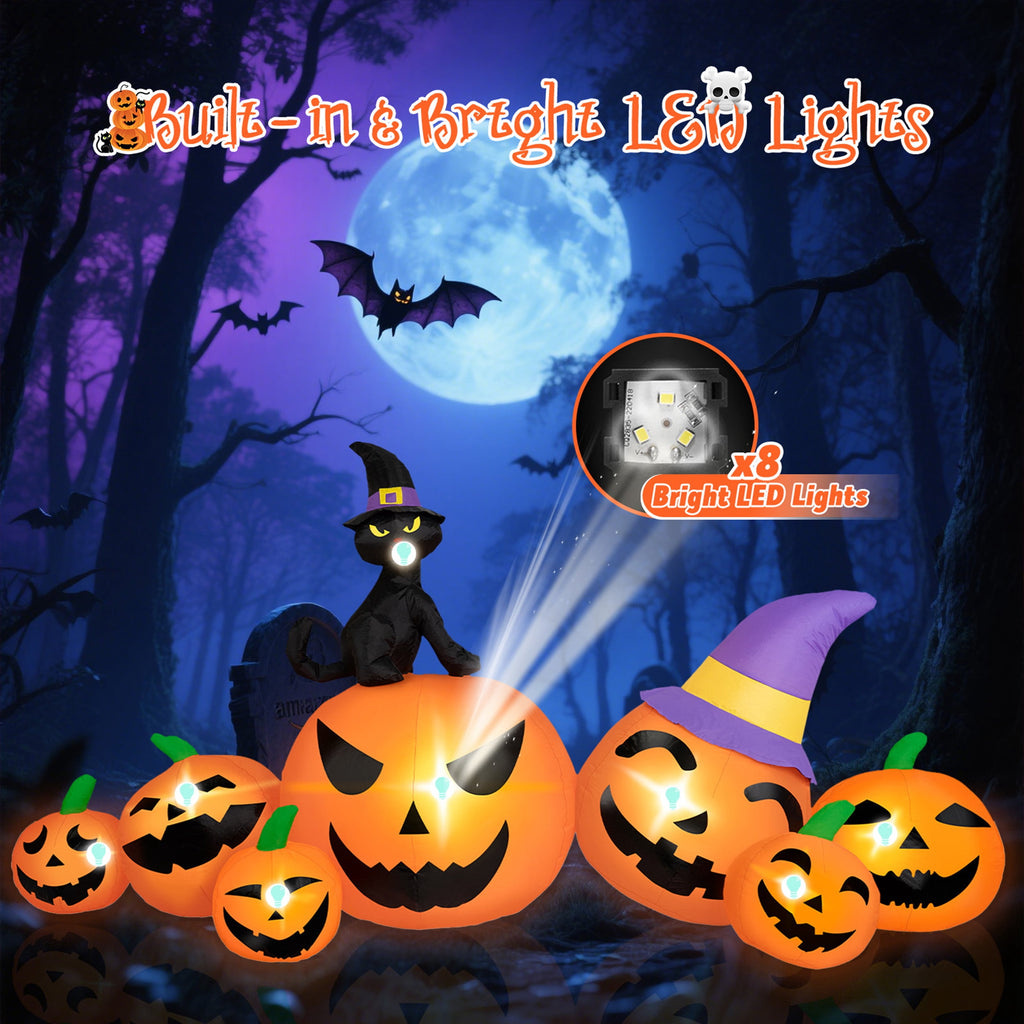 Witchwood™ B&D 8FT Long Halloween Inflatables Pumpkin, Blow Up Pumpkins Inflatables with Witch Hat & Black Cat Built-in LED Lights for Halloween Party Yard Garden Lawn Decor