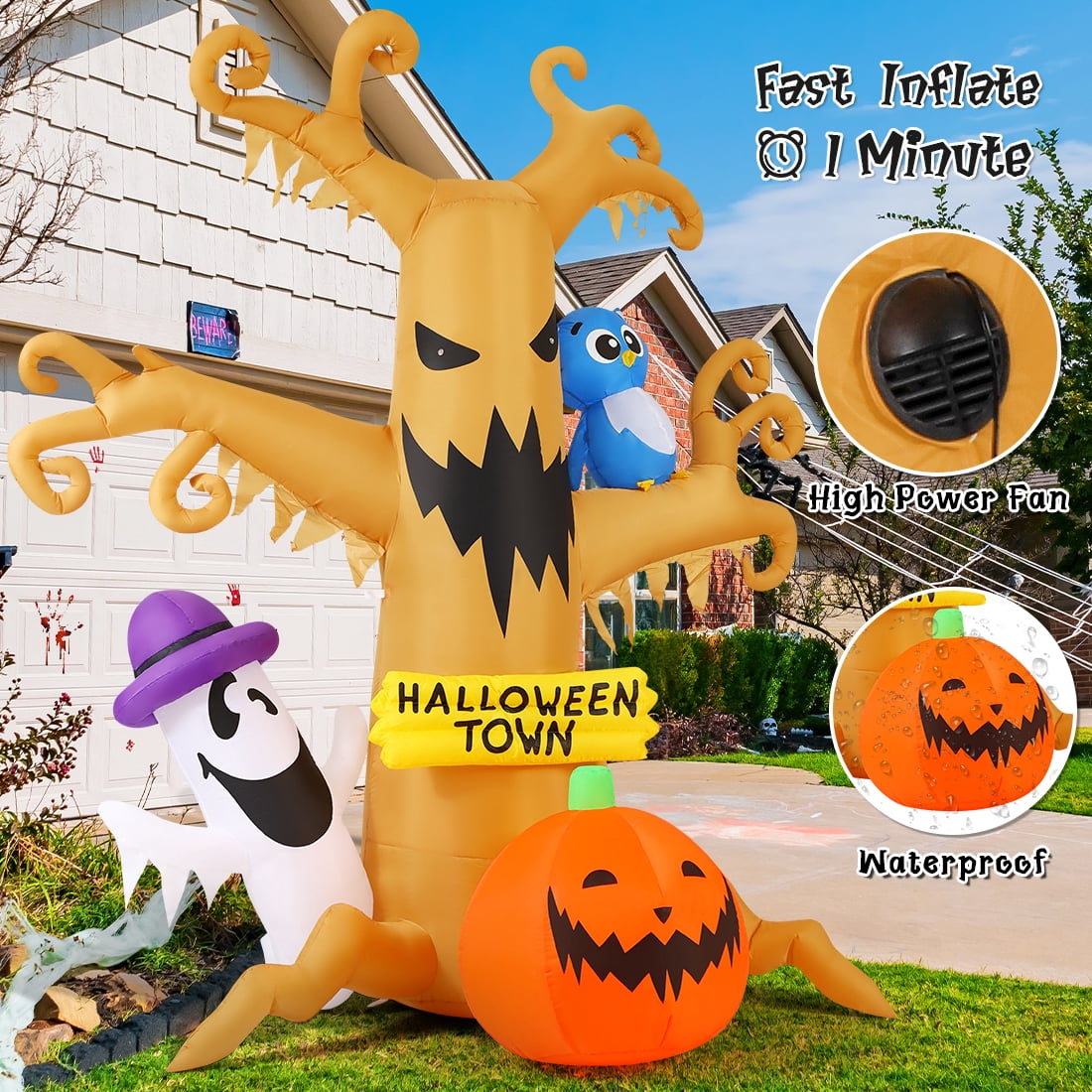 Witchwood™ Halloween Inflatables 8 FT Halloween Inflatable tree with Ghost Pumpkin and Owl, Halloween Dead Tree Decorations Scary Halloween Decorations with Built-in Lights for Halloween/Holiday/Party