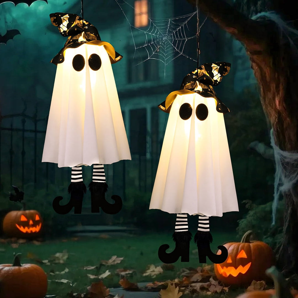 Witchwood™ 18In Set of 3 Halloween Hanging Ghosts,Halloween Decorations Outdoor Hanging Ghosts with Witch Hat,Glowing Ghost Witch Hat Lights Halloween Ghost Decor for Yard Patio Garden Tree Outside