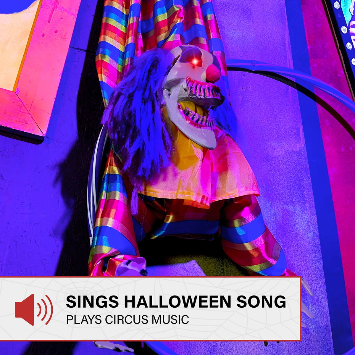 Witchwood™ 47 in Animatronic Hanging Upside Down Clown with Lights and Sound, Halloween Decoration, HHCLOWN-39HLSA