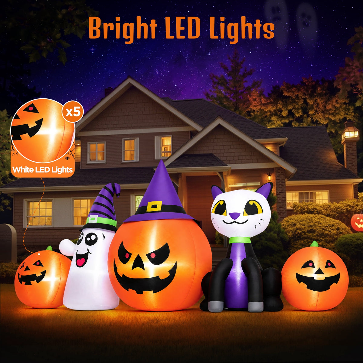 Witchwood™ (2 pack) 8FT Halloween Inflatable Pumpkins Ghost Cat with Lights,Blow ups Outdoor Decorations for Yard