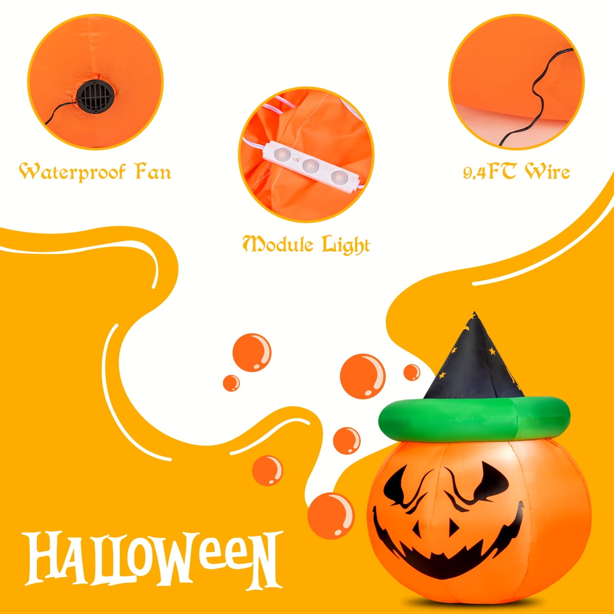 Witchwood™ Patiojoy Halloween Decoration 4 Ft Blow-up Inflatable Pumpkin With Witch Hat LED Bulbs Yard