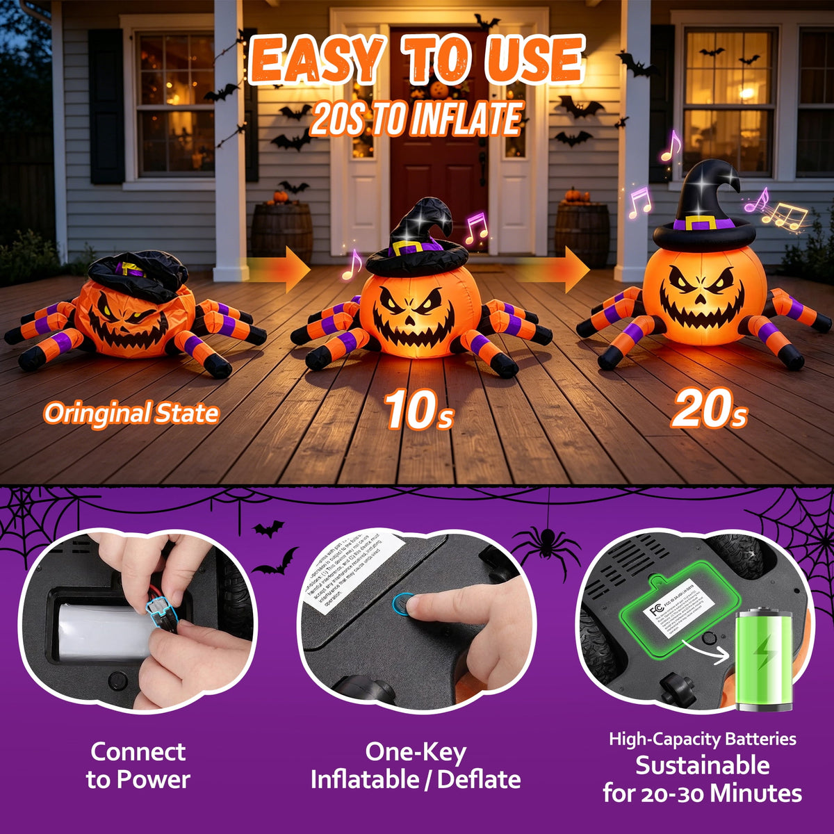 Witchwood™ (2 pack) 2.6ft Remote Control Halloween Inflatable with Music Lights,Pumpkin Spider Car Blow ups Rc Car,Indoor Outdoor Decorations
