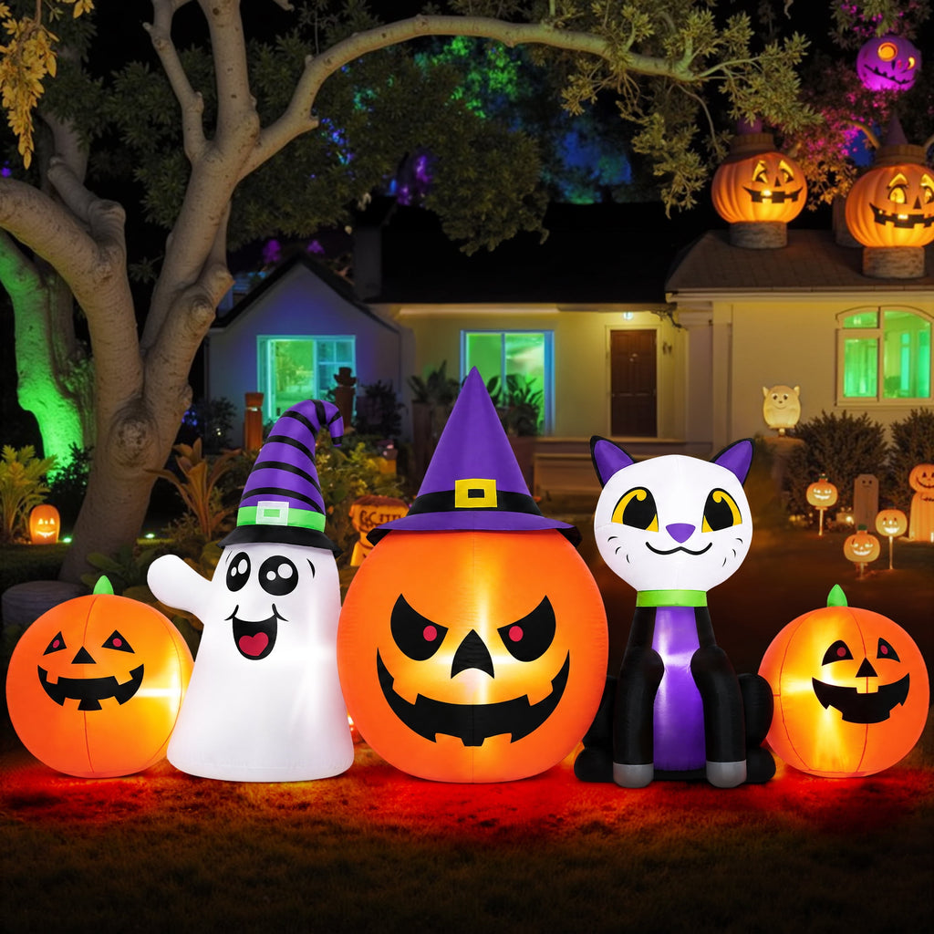 Witchwood™ (2 pack) 8FT Halloween Inflatable Pumpkins Ghost Cat with Lights,Blow ups Outdoor Decorations for Yard