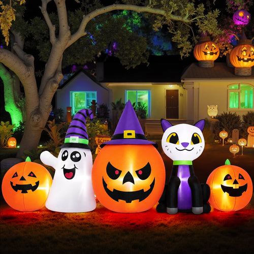 Witchwood™ (2 pack) 8FT Halloween Inflatable Pumpkins Ghost Cat with Lights,Blow ups Outdoor Decorations for Yard