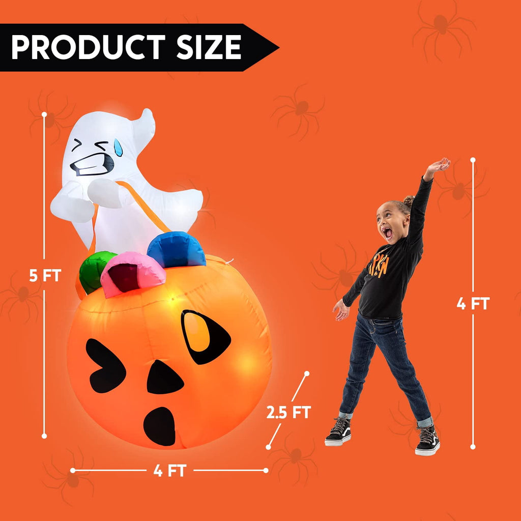 Witchwood™ 5ft Halloween Inflatables Light up Cute Ghost,Blow Up Ghost Lift Pumpkin Candy Bag with Build-in LEDs for Yard Decorations