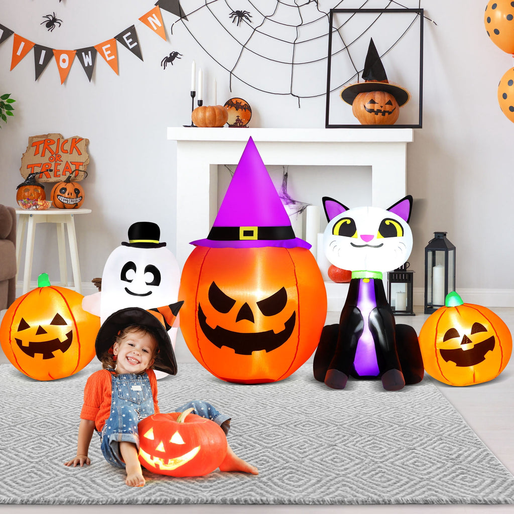 Witchwood™ 8ft Halloween Inflatable Pumpkins Outdoor Decor with Black Cat and Spectre,Built-in LED Lights,for Halloween Party,Yard,Garden,Lawn