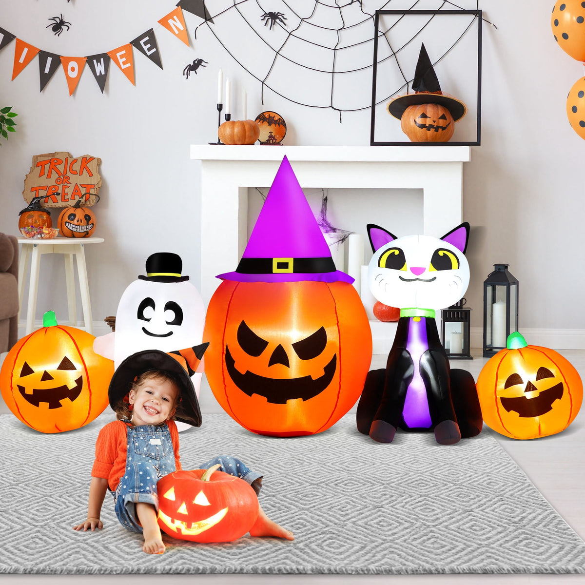 Witchwood™ 8ft Halloween Inflatable Pumpkins Outdoor Decor with Black Cat and Spectre,Built-in LED Lights,for Halloween Party,Yard,Garden,Lawn
