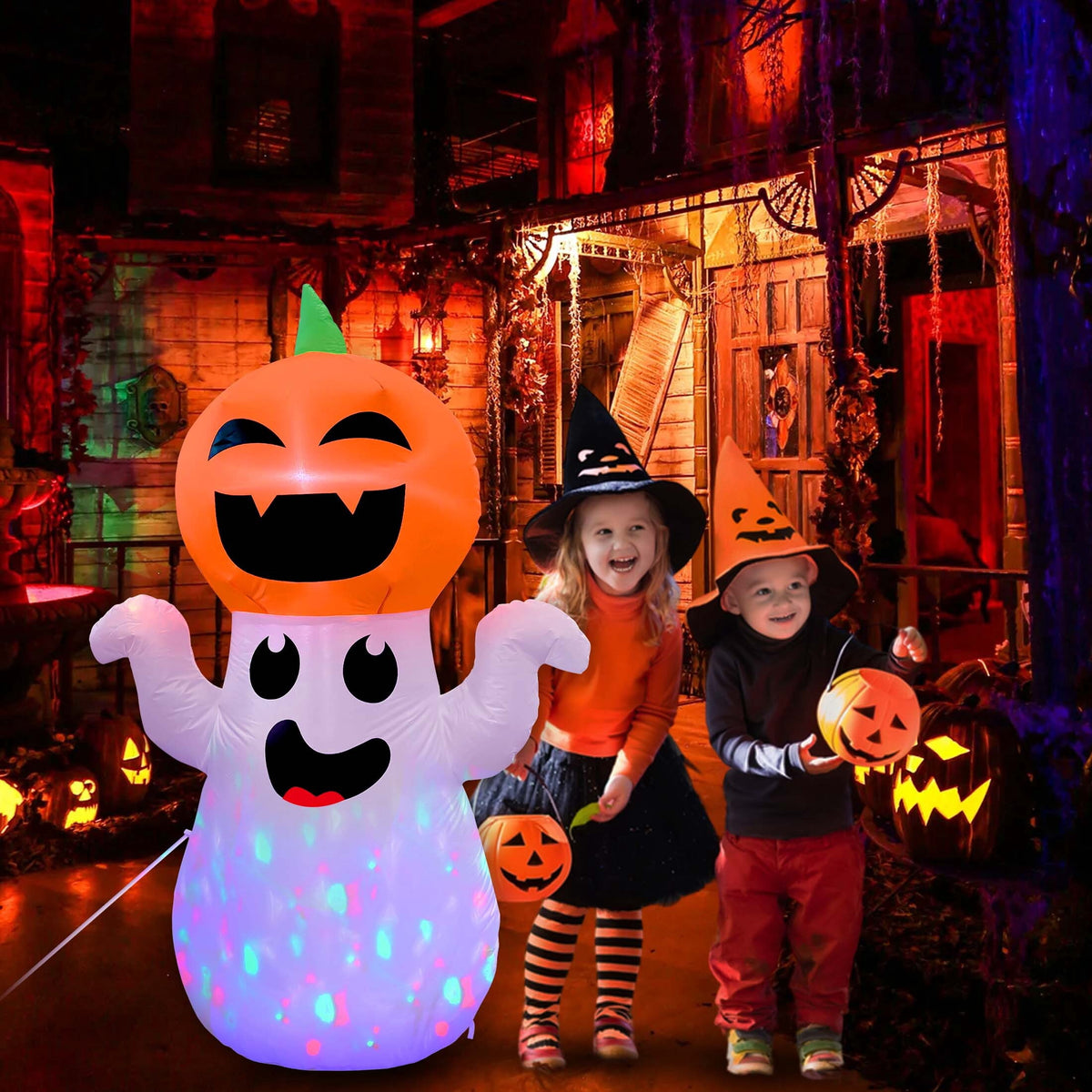 Witchwood™ 5Ft Halloween Inflatable Pumpkin Ghost with 360° Rotating Colorful LED Lights, Cute Indoor/Outdoor Decor for Party, Yard, Lawn