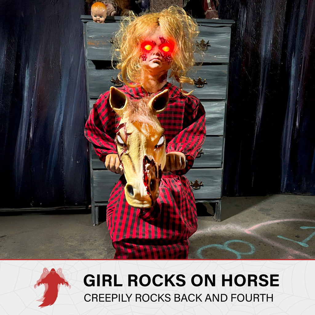 Witchwood™ 3.2 ft Voice & Sound-Sensor Rocking Horse Girl Halloween Animatronic, HHRCKHRSGRL-1FLSA
