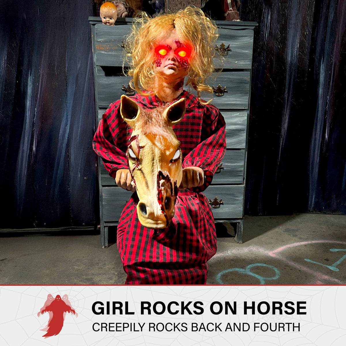 Witchwood™ 3.2 ft Voice & Sound-Sensor Rocking Horse Girl Halloween Animatronic, HHRCKHRSGRL-1FLSA