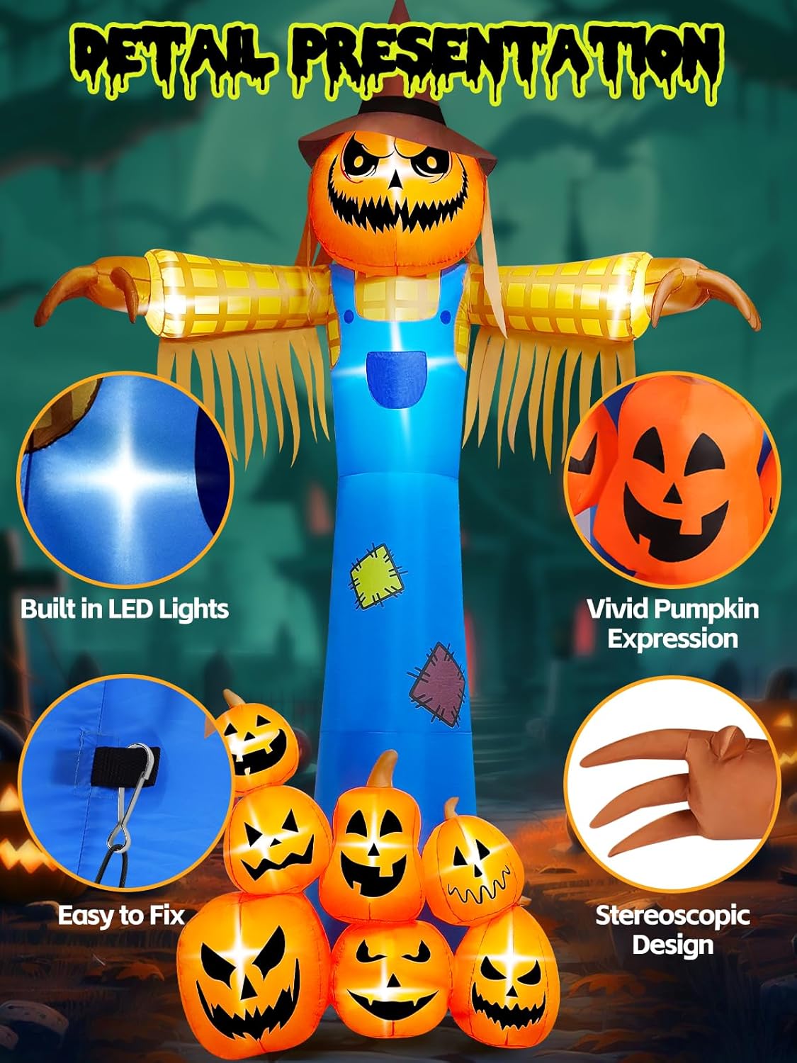 Witchwood™ 12.5 FT Halloween Inflatables with Music, Giant Pumpkin Scarecrow Inflatable with LED Light Blow Up Yard Decor with Scary Sound for Outdoor Garden Lawn Holiday Party Supplies
