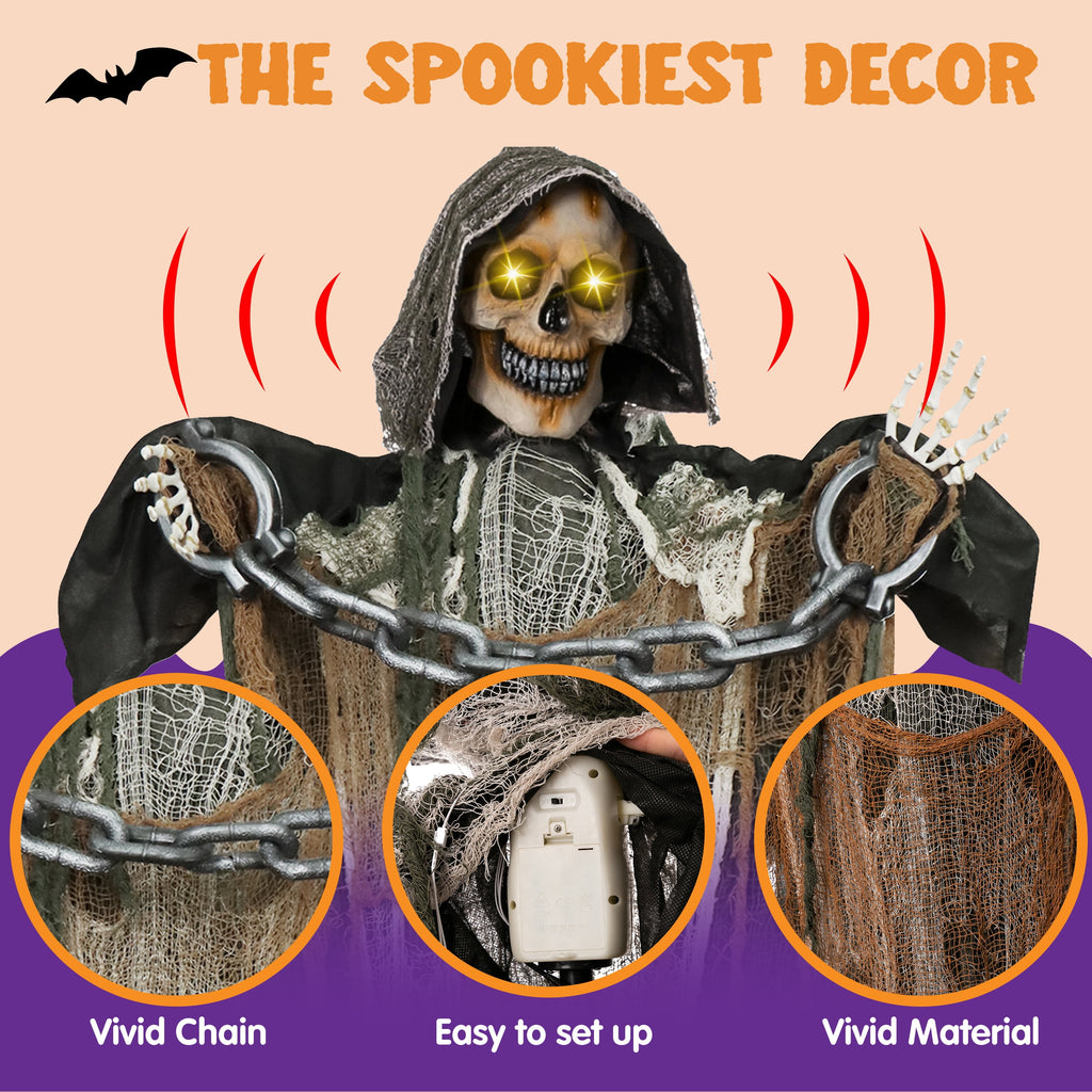 Witchwood™ 67" Standing Grim Reaper with Chain, Large Halloween Decorations Outdoor, Life Size Animatronics Skelton, Sound-Actived Party Decor with Creepy Sound & LED Eyes, Scary Haunted House Props