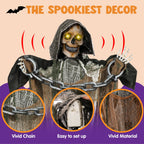 Witchwood™ 67" Standing Grim Reaper with Chain, Large Halloween Decorations Outdoor, Life Size Animatronics Skelton, Sound-Actived Party Decor with Creepy Sound & LED Eyes, Scary Haunted House Props