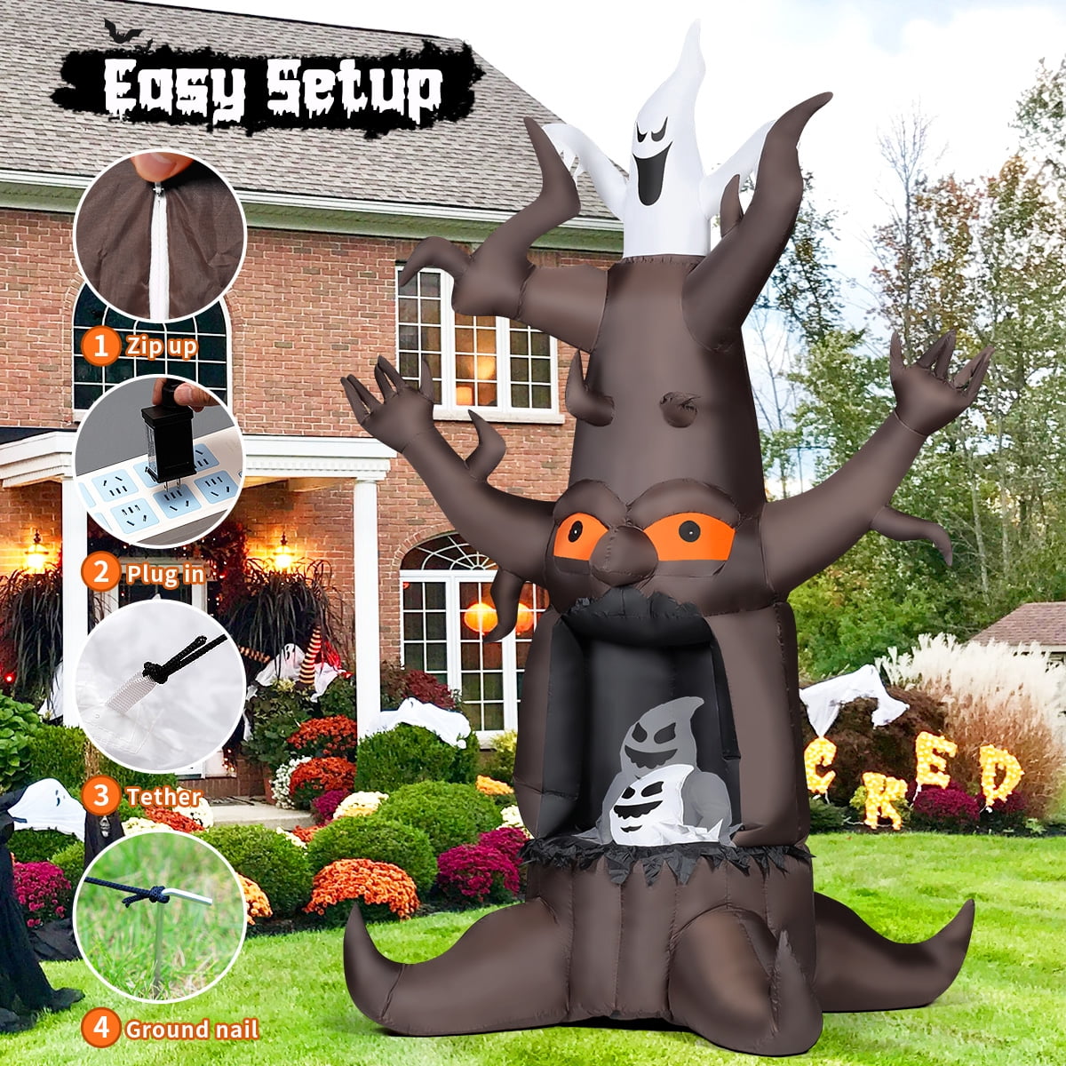 Witchwood™ Halloween Inflatables 9 FT Animated Halloween Tree Inflatables with Built-in LED lights, Scary Spooky Tree Inflatable with White Ghost, Outdoor Halloween Decorations for Halloween Holiday Party