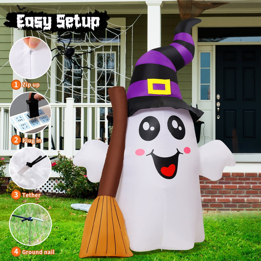Witchwood™ Halloween Inflatables 6 FT Halloween Ghost Inflatable Grasping Broom with LED Lights, Blow up Ghost Cute Inflatable Ghost, Outdoor Halloween Decorations for Holiday Party Indoor Outdoor