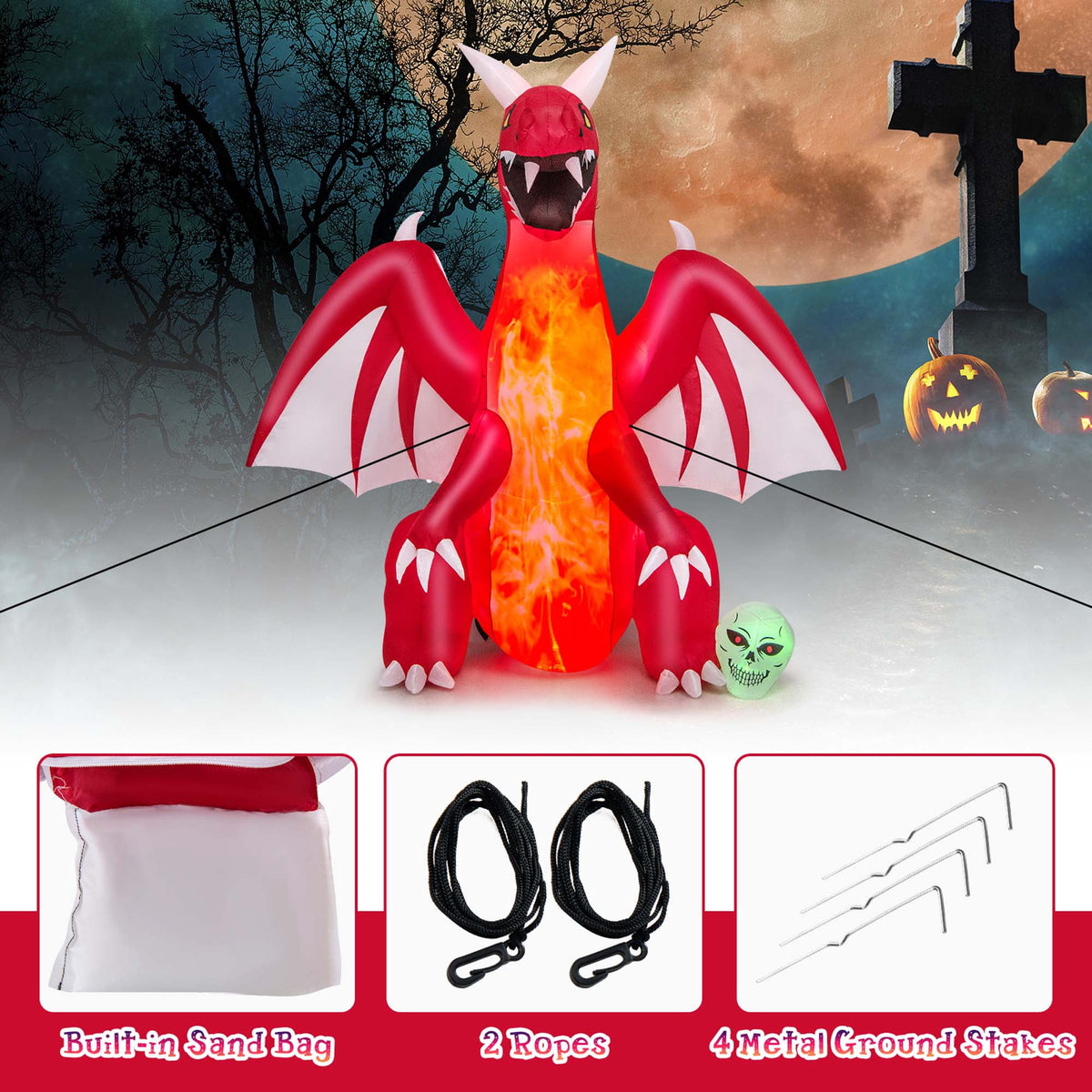 Witchwood™ Costway 8 FT Halloween Inflatable Red Dragon with Wings & Skull Holiday Decoration Light