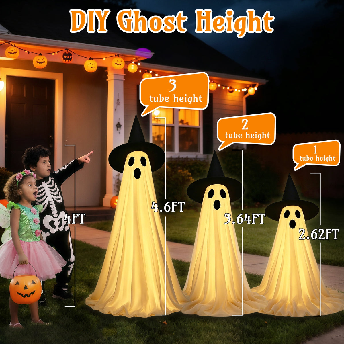 Witchwood™ HiberyHom Halloween Ghost Decor, 2 Pack Early Halloween Decorations, 4.6 FT Light Up Ghost with Remote for Porches Yard Garden, Halloween Decorations Outdoor and Indoor