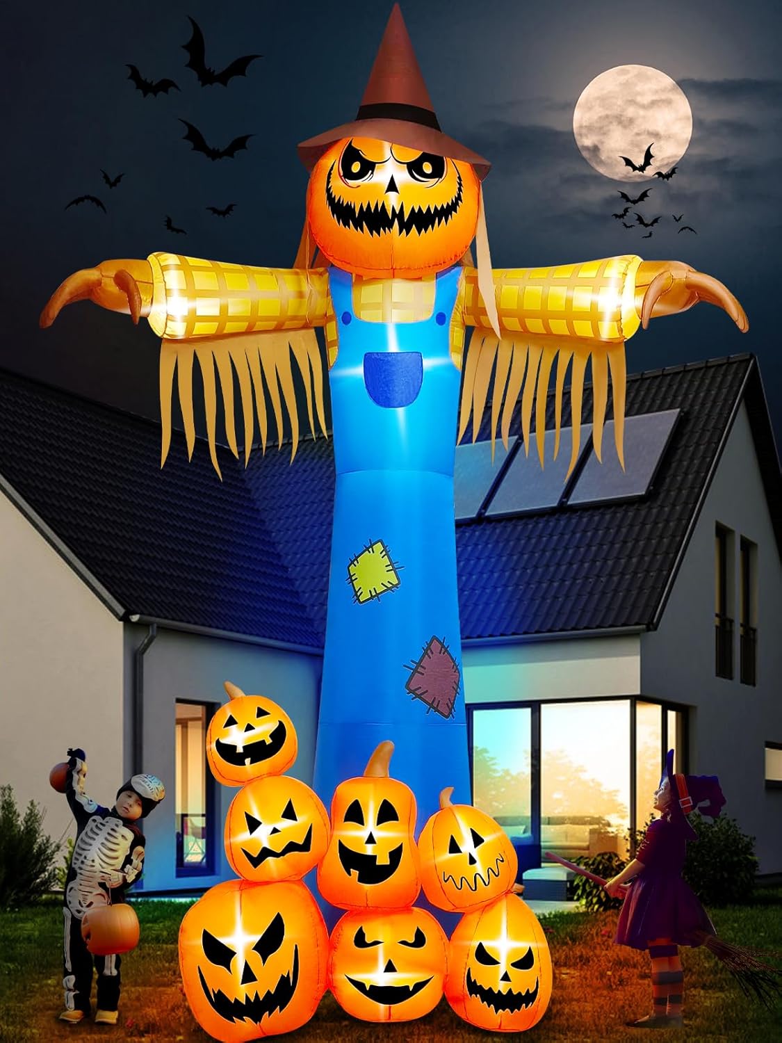 Witchwood™ 12.5 FT Halloween Inflatables with Music, Giant Pumpkin Scarecrow Inflatable with LED Light Blow Up Yard Decor with Scary Sound for Outdoor Garden Lawn Holiday Party Supplies