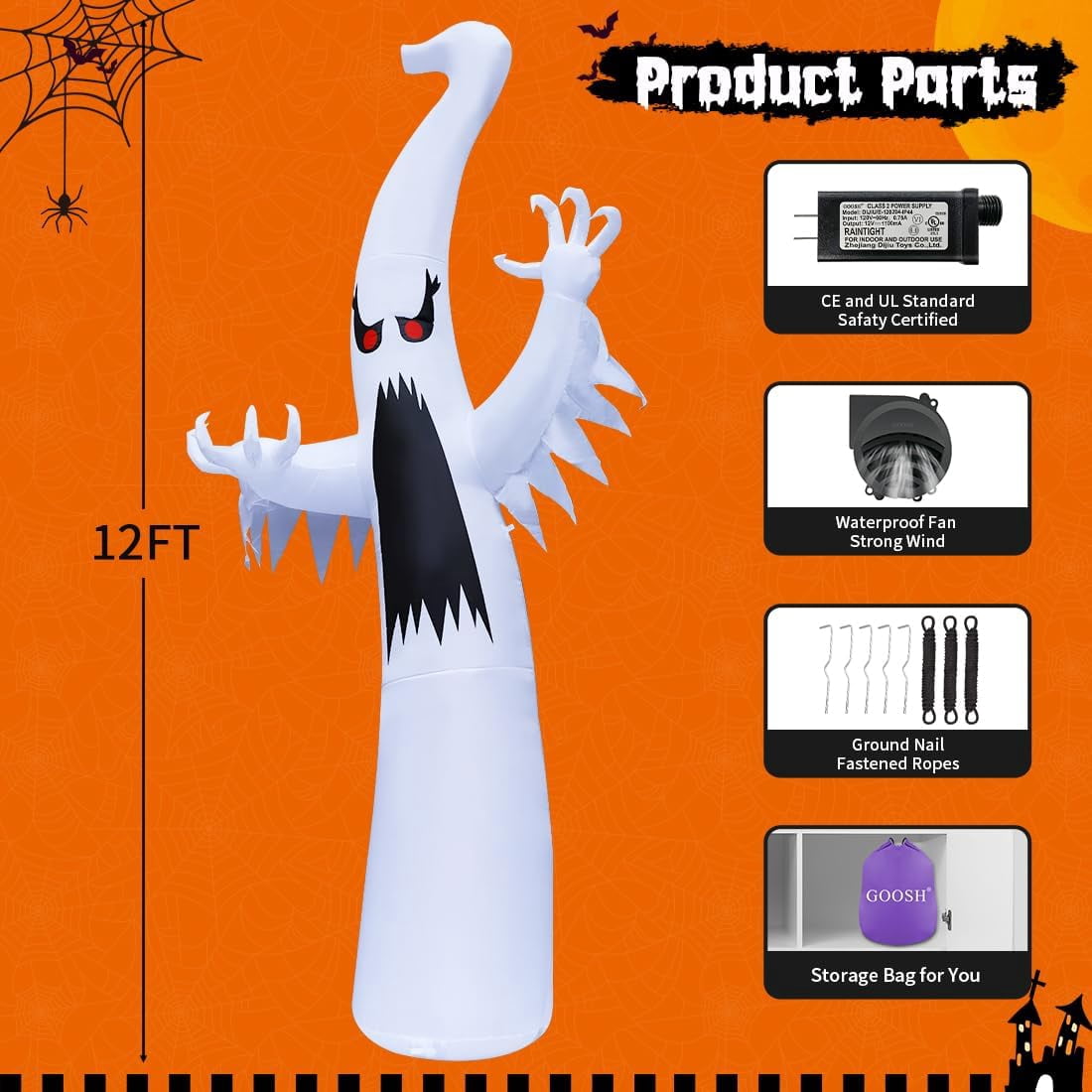 Witchwood™ 12 FT Height Halloween Inflatable Outdoor Colorful Dimming Ghost, Blow Up Yard Decoration Clearance with LED Lights Built-in for Holiday/Party/Yard/Garden