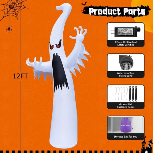 Witchwood™ 12 FT Height Halloween Inflatable Outdoor Colorful Dimming Ghost, Blow Up Yard Decoration Clearance with LED Lights Built-in for Holiday/Party/Yard/Garden