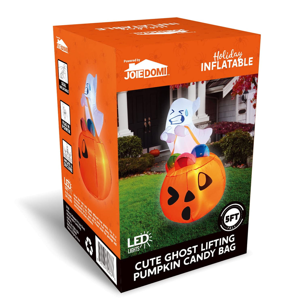 Witchwood™ 5ft Halloween Inflatables Light up Cute Ghost,Blow Up Ghost Lift Pumpkin Candy Bag with Build-in LEDs for Yard Decorations