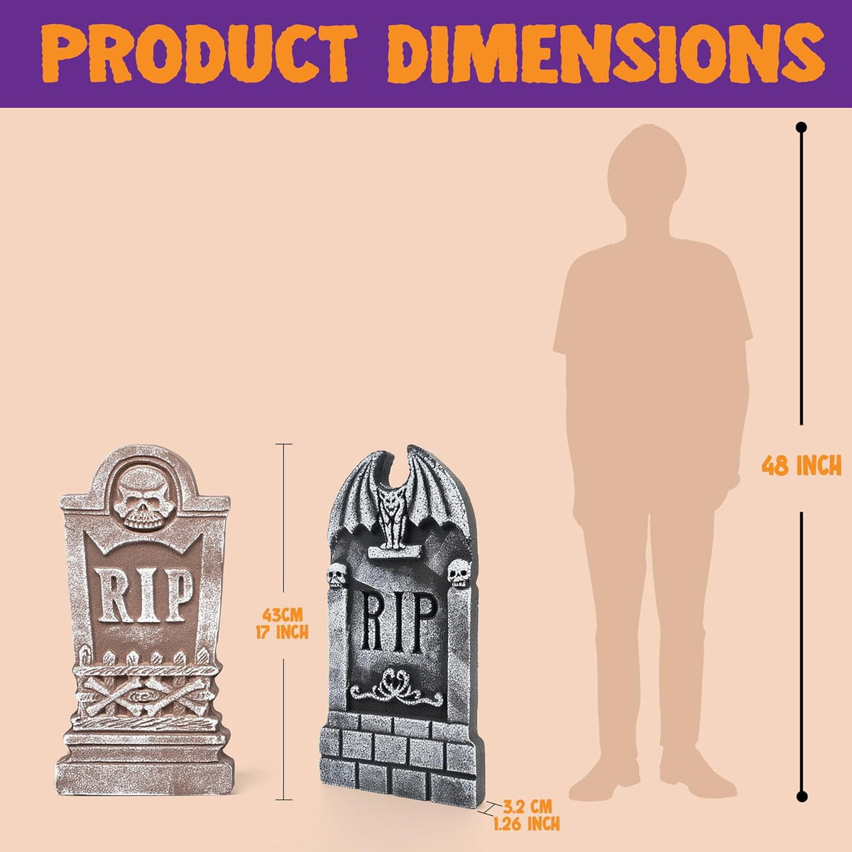 Witchwood™ 17" Halloween 5 Pack Tombstone Decorations, Foam RIP Graveyard Signs Cemetery Headstones Scary Outdoor Indoor Halloween Decor with 12 Metal Stakes for Easy Set Up, Waterproof for Garden Lawn