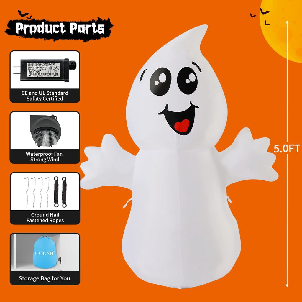 Witchwood™ Halloween Inflatables 5 FT Halloween Ghost Inflatable with Built-in LEDs, Cute Halloween Inflatable Ghost Blow up Ghost Inflatable, Outdoor Halloween Decorations for Halloween Holiday Party