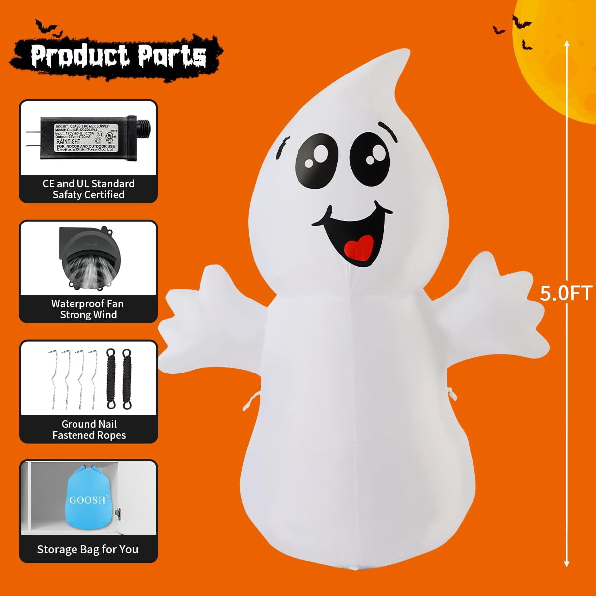 Witchwood™ Halloween Inflatables 5 FT Halloween Ghost Inflatable with Built-in LEDs, Cute Halloween Inflatable Ghost Blow up Ghost Inflatable, Outdoor Halloween Decorations for Halloween Holiday Party