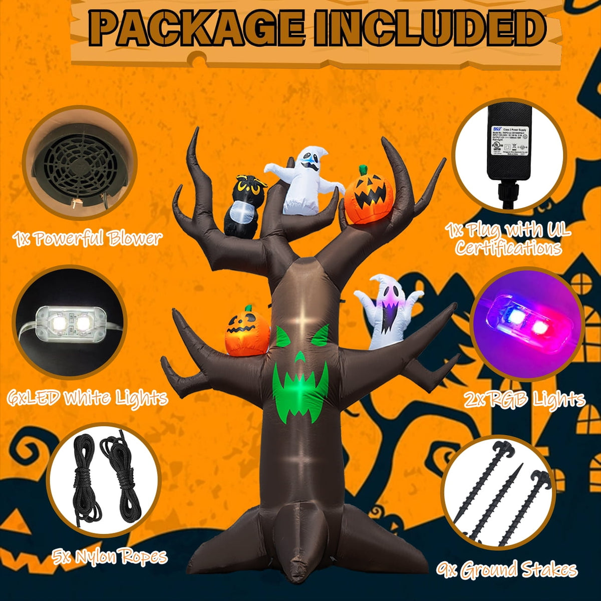Witchwood™ Coolmade 9ft Halloween Inflatable Tree Decoration with pumpkin, Ghost, Owl, Blow up Yard Inflatables with Built-in LEDs for Garden Lawn Indoor Party Decor