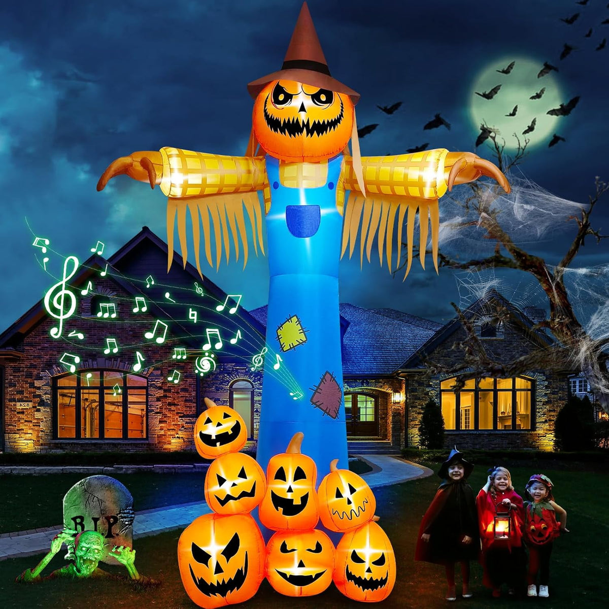 Witchwood™ 12.5 FT Halloween Inflatables with Music, Giant Pumpkin Scarecrow Inflatable with LED Light Blow Up Yard Decor with Scary Sound for Outdoor Garden Lawn Holiday Party Supplies