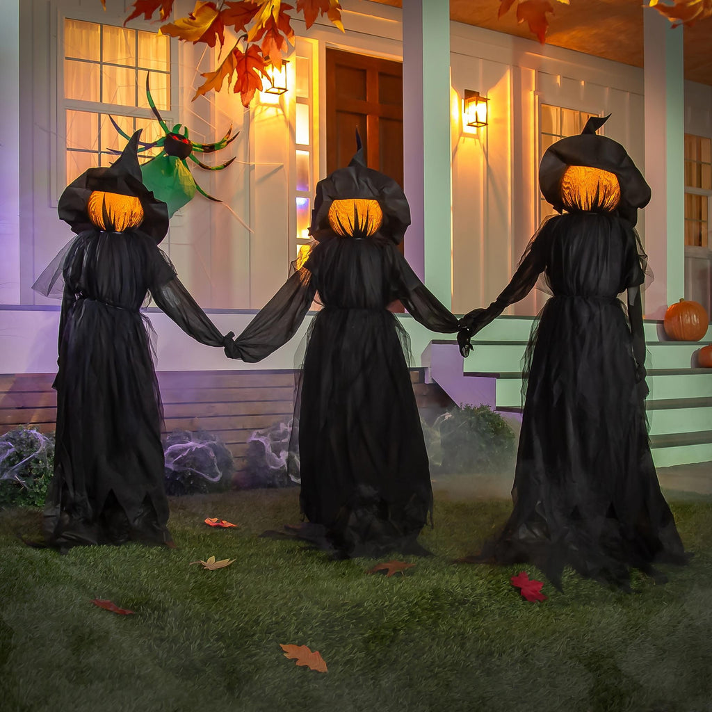 Witchwood™ Evergreen Set of 3 LED Lighted Halloween Witch Stakes, 4' Tall for Garden Lawn or Patio