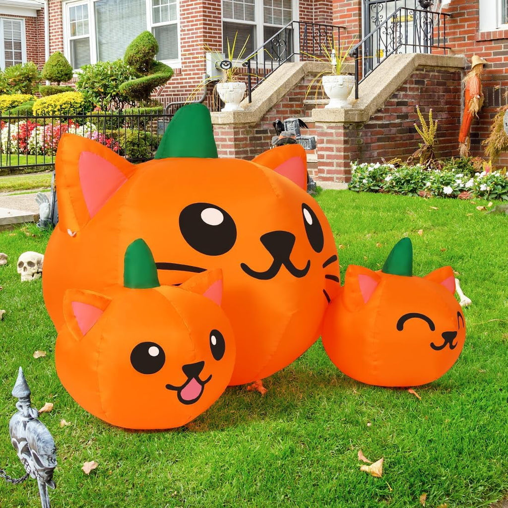 Witchwood™ COMIN Halloween Inflatable 5 FT Long Three Pumpkin Cat Head Combo with Built-in LEDs, Blow Up Yard Decoration for Holiday Party Indoor, Outdoor, Yard, Garden, Lawn