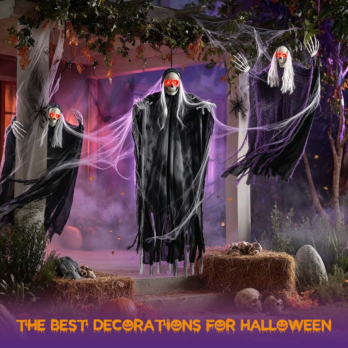Witchwood™ 3 Pack Hanging Skeleton Ghosts for Halloween Decorations Outdoor, Grim Reaper for Halloween Decor