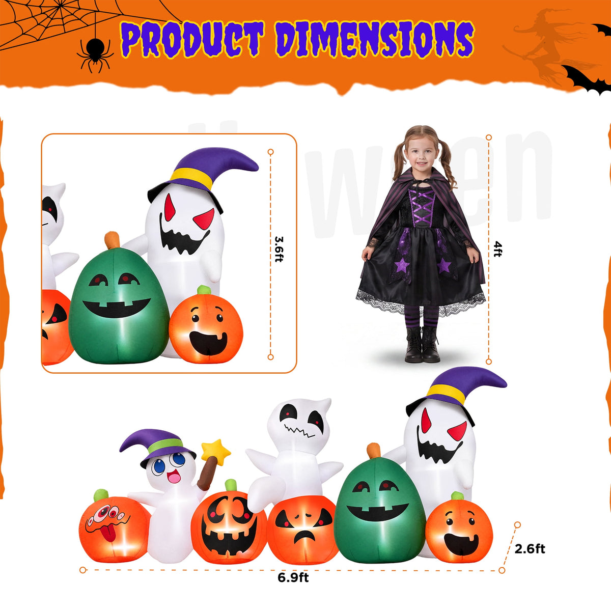 Witchwood™ (2 pack) 7ft Long Halloween Inflatable with Lights,Pumpkin Ghost for Outdoor Decorations