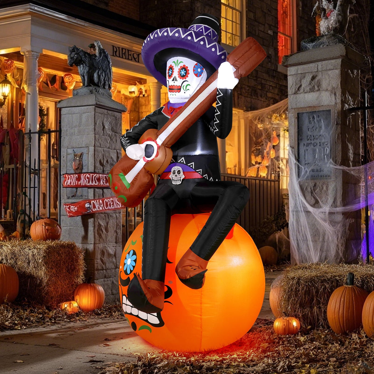 Witchwood™ 6FT Halloween Inflatable Outdoor Decoration, Day of the Dead Skull with Guitar, Blow Up Yard Decor