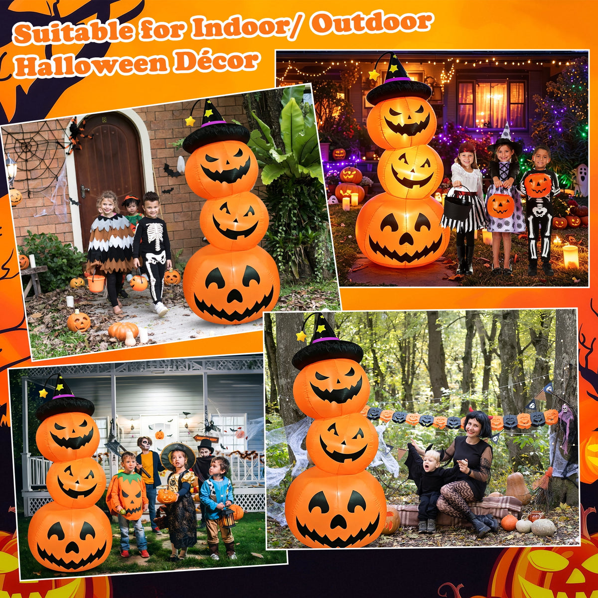 Witchwood™ Faburo 6FT Halloween Inflatable Pumpkin Stack with LED Lights, 3 Jack O Lantern Blow Up Outdoor Halloween Decorations for Yard Lawn Garden Porch