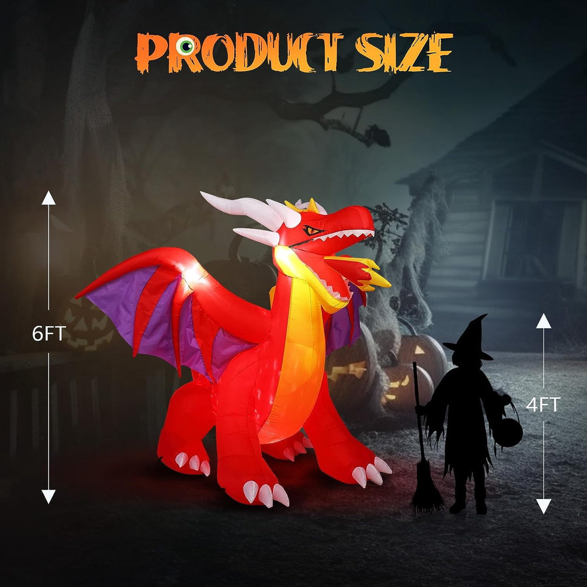 Witchwood™ VINGLI 6FT Tall Halloween Inflatables Outdoor Decorations, Blow Up Scary Fire-Breathing Dragon Halloween Yard Decorations, Built-in LED Lights Décor for Indoor Home Party Garden Lawn Store
