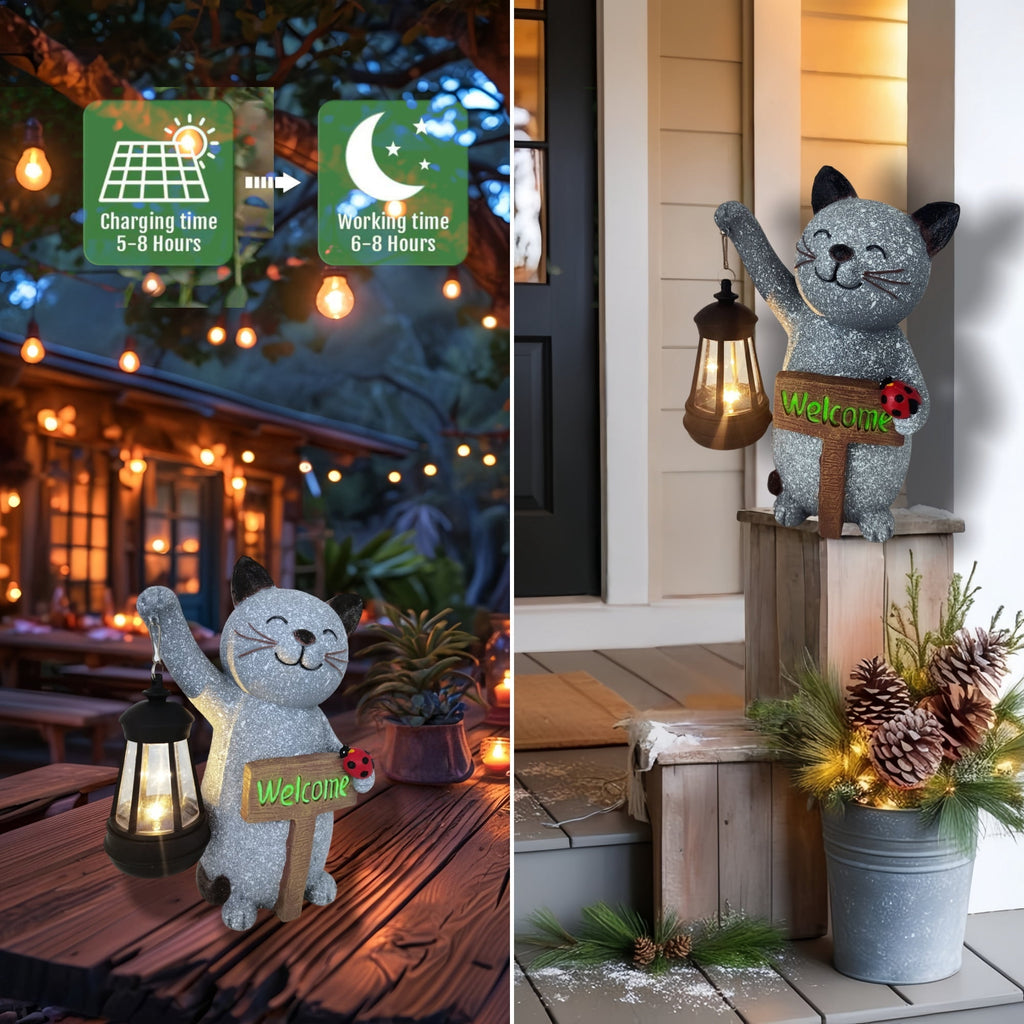 Witchwood™ Halloween Decorations Solar Cat Statue Light Garden Decor, Led Home Outside Decor for Patio Yard Pool Front Porch Flower Pots, Solar Powered Welcome Cat Lantern Gardening Gifts
