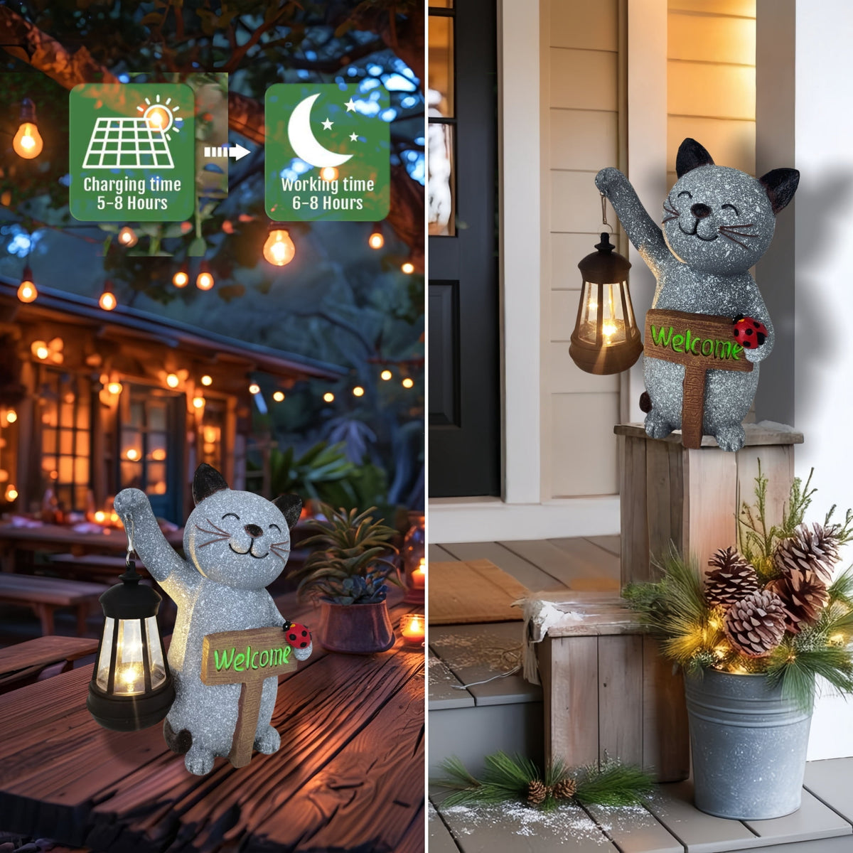 Witchwood™ Halloween Decorations Solar Cat Statue Light Garden Decor, Led Home Outside Decor for Patio Yard Pool Front Porch Flower Pots, Solar Powered Welcome Cat Lantern Gardening Gifts